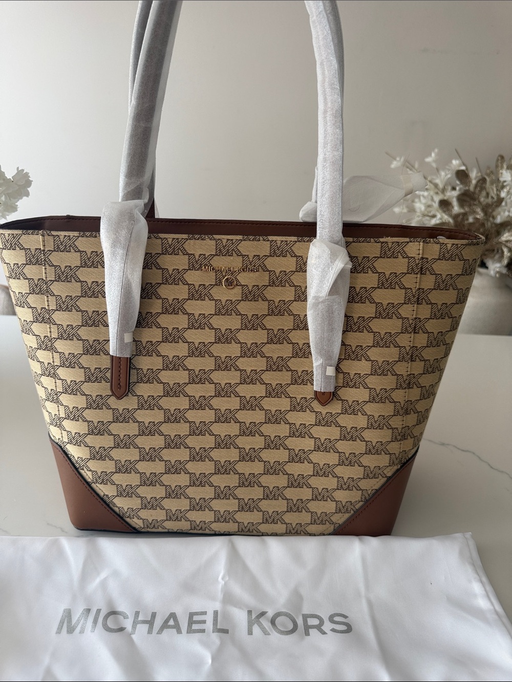 Michael Kors Beige Logo Jacquard Tote with Brown Trim